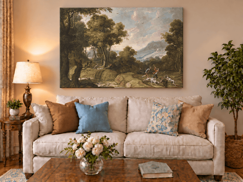 Hand-painted Classical Forest Hunt Scene landscape oil painting displayed as wall art in a styled interior
