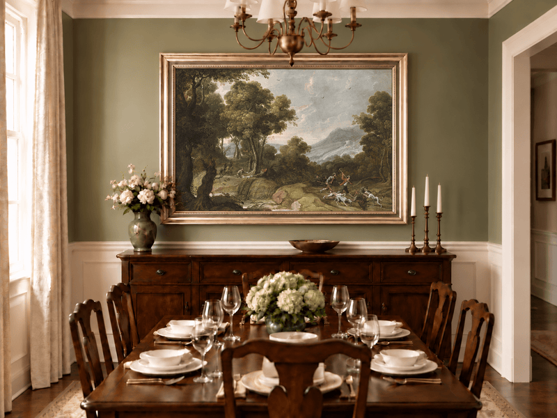 Hand-painted Classical Forest Hunt Scene landscape oil painting displayed as wall art in a styled interior