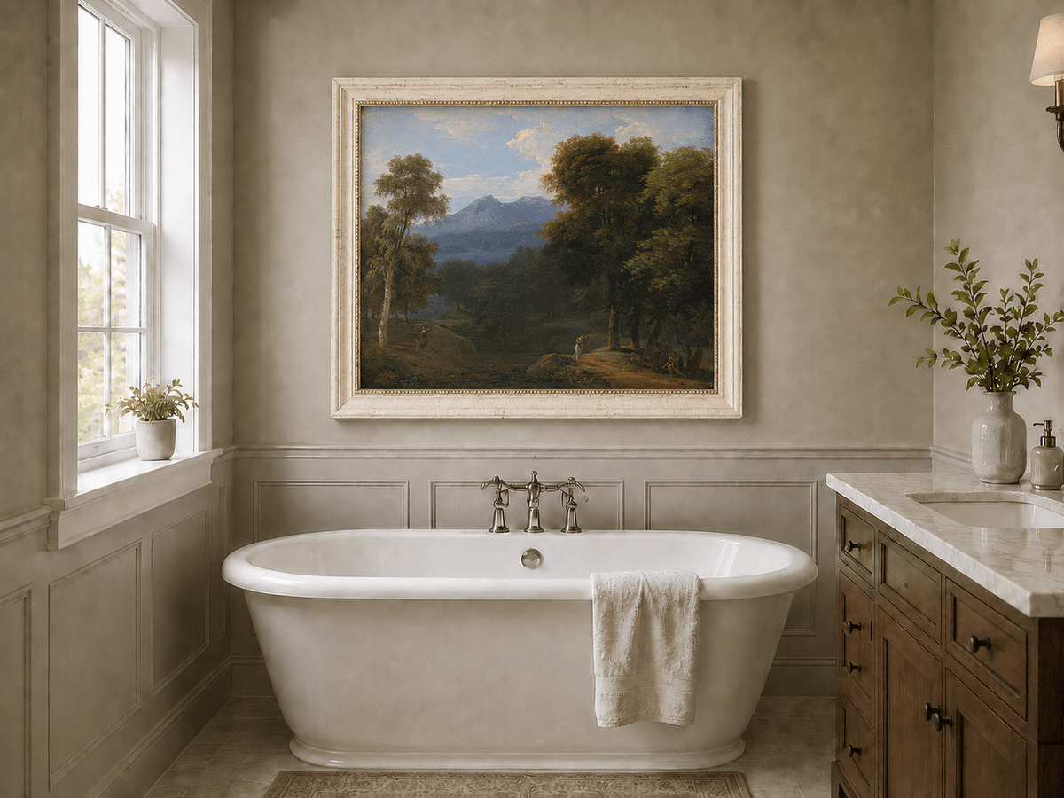 Hand-painted classical forest landscape with figures oil painting displayed in a bathroom interior above a bathtub.