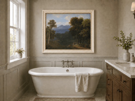 Hand-painted classical forest landscape with figures oil painting displayed in a bathroom interior above a bathtub.