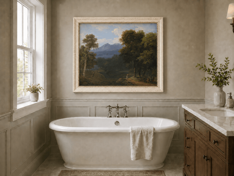 Hand-painted classical forest landscape with figures oil painting displayed in a bathroom interior above a bathtub.