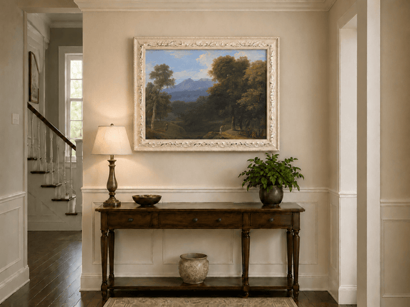 Hand-painted classical forest landscape with figures oil painting displayed above a console table in a hallway interior.