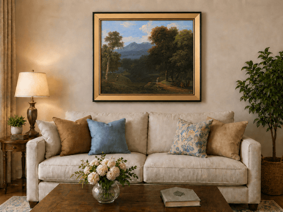 Hand-painted classical forest landscape with figures oil painting displayed above a sofa in a living room interior.