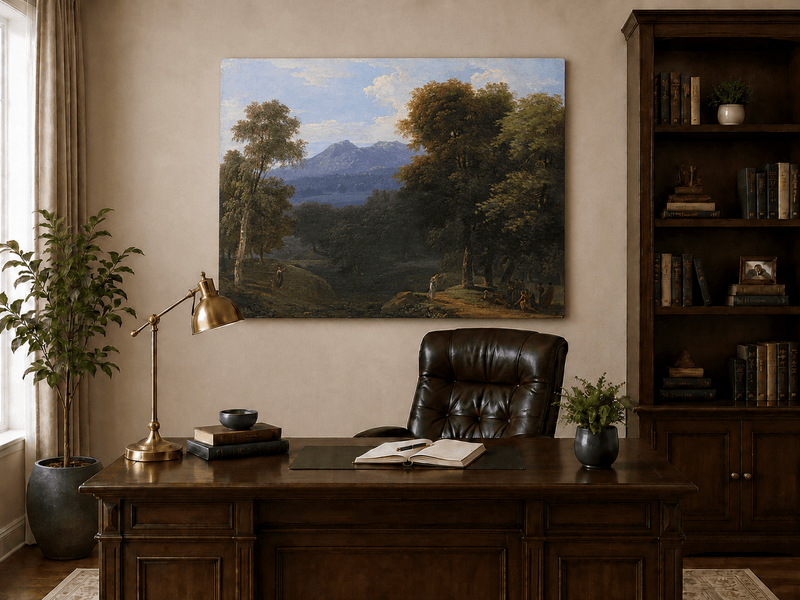 Hand-painted classical forest landscape with figures oil painting displayed above a desk in a home office interior.