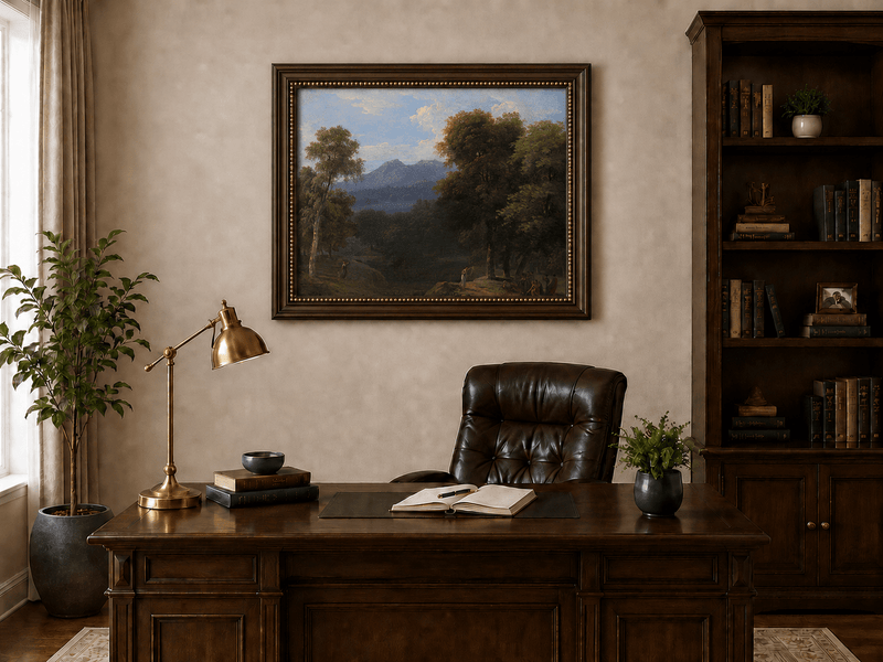 Hand-painted classical forest landscape with figures oil painting displayed above a desk in a home office interior.