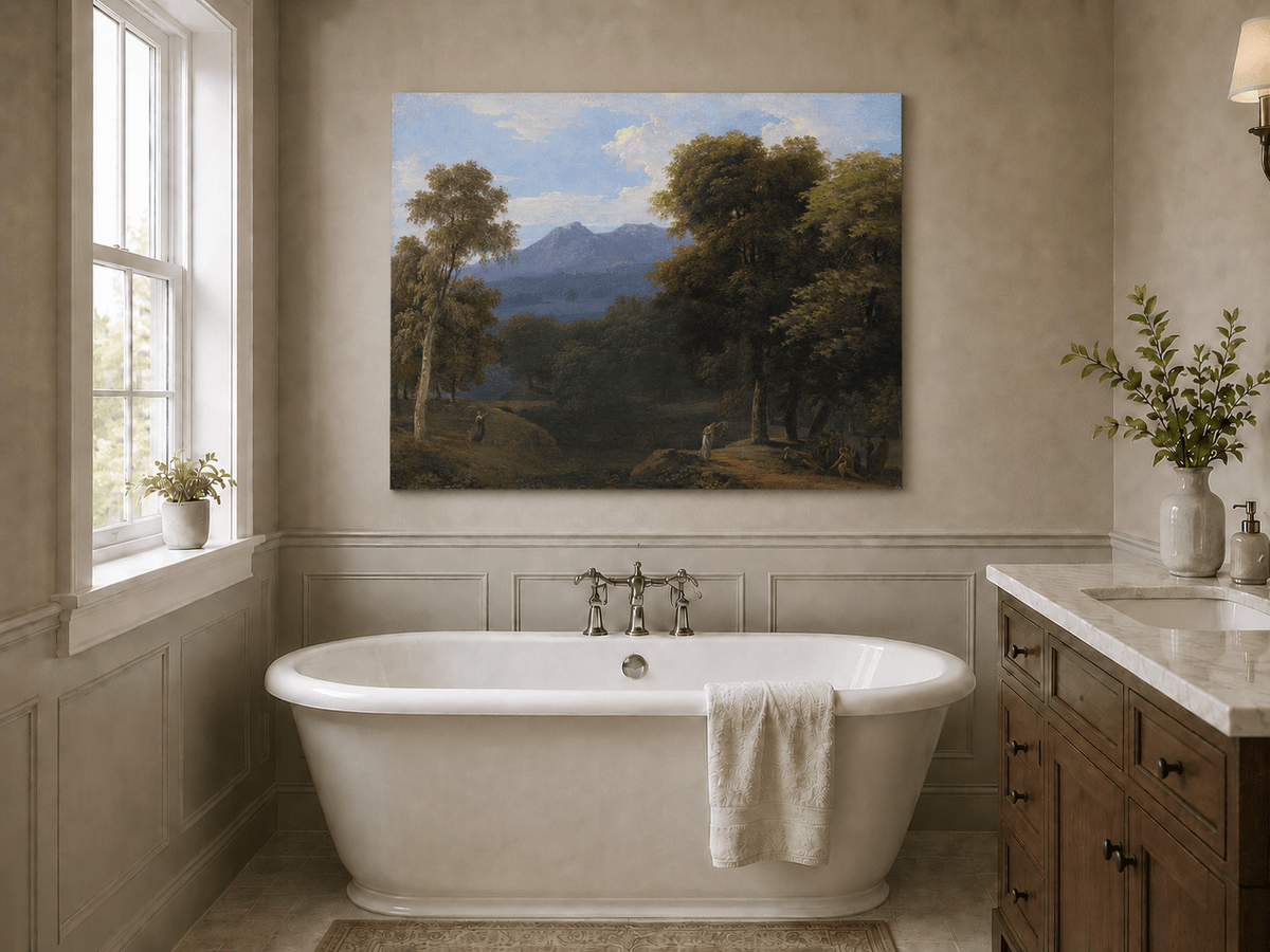 Hand-painted classical forest landscape with figures oil painting displayed in a bathroom interior above a bathtub.
