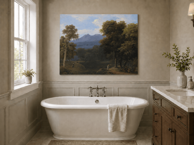 Hand-painted classical forest landscape with figures oil painting displayed in a bathroom interior above a bathtub.