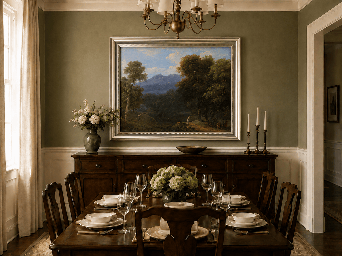 Hand-painted classical forest landscape with figures oil painting displayed in a dining room interior.