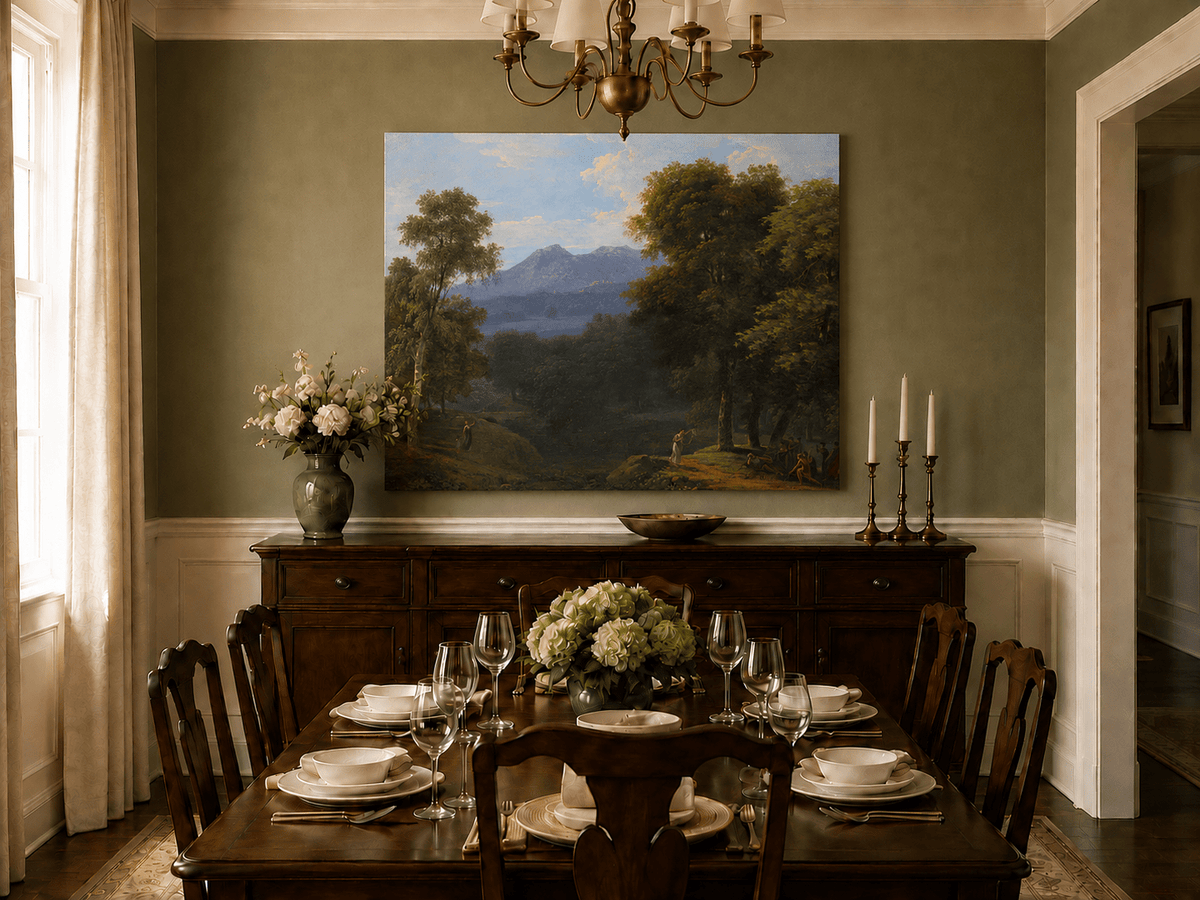 Hand-painted classical forest landscape with figures oil painting displayed in a dining room interior.