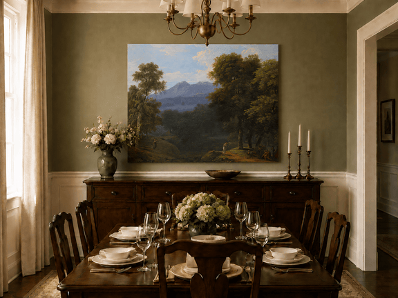 Hand-painted classical forest landscape with figures oil painting displayed in a dining room interior.