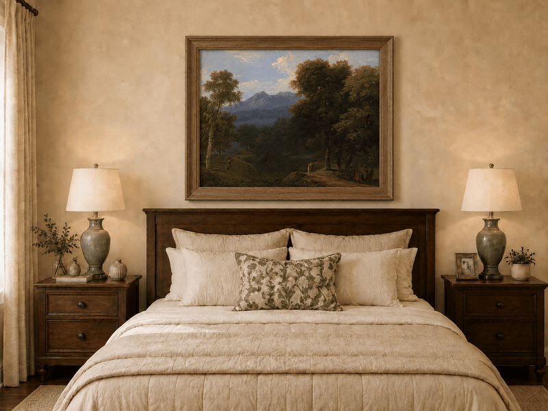 Hand-painted classical forest landscape with figures oil painting displayed above a bed in a bedroom interior.
