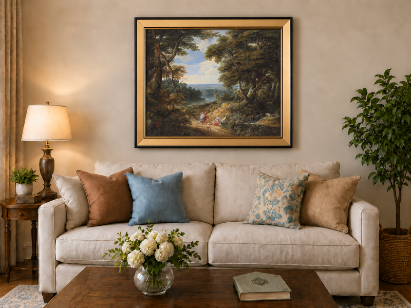 Hand-painted Classical Forest Path with Figures landscape oil painting displayed as wall art in a styled interior