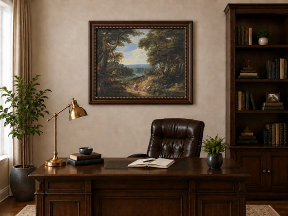Hand-painted Classical Forest Path with Figures landscape oil painting displayed as wall art in a styled interior