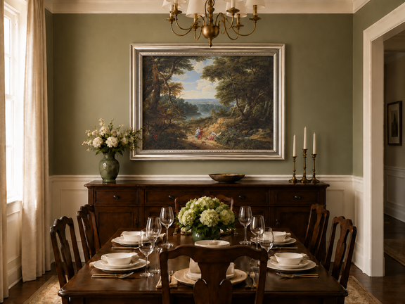 Hand-painted Classical Forest Path with Figures landscape oil painting displayed as wall art in a styled interior