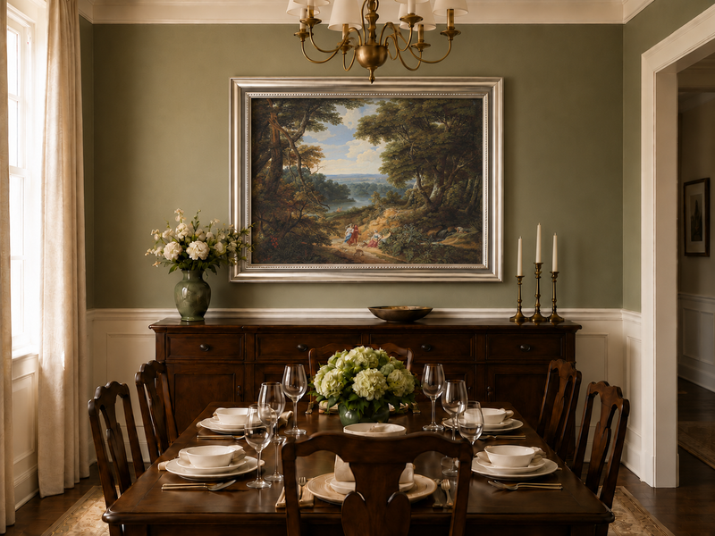 Hand-painted Classical Forest Path with Figures landscape oil painting displayed as wall art in a styled interior