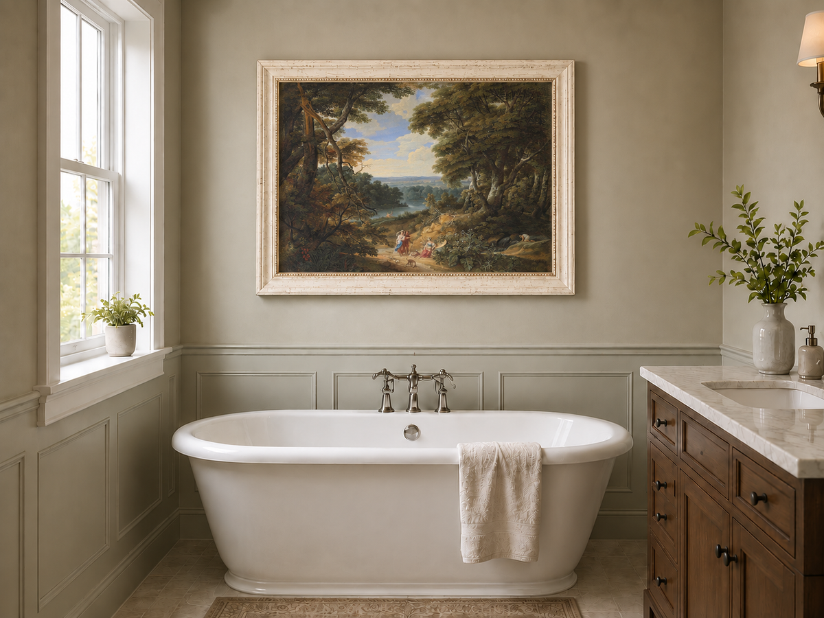 Hand-painted Classical Forest Path with Figures landscape oil painting displayed as wall art in a styled interior