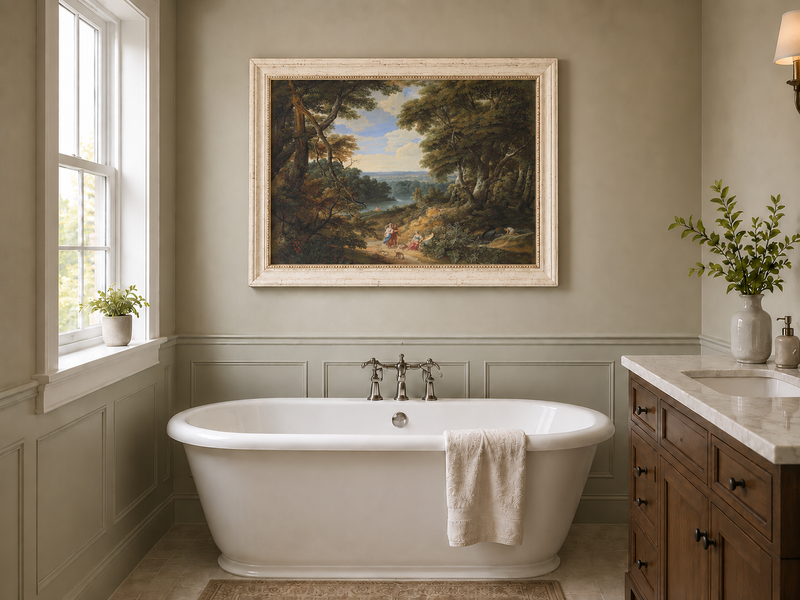 Hand-painted Classical Forest Path with Figures landscape oil painting displayed as wall art in a styled interior