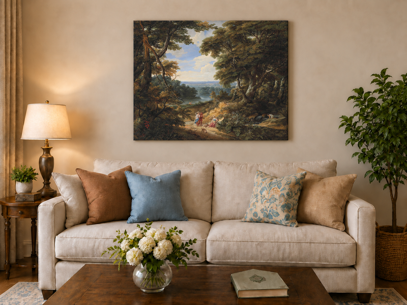Hand-painted Classical Forest Path with Figures landscape oil painting displayed as wall art in a styled interior