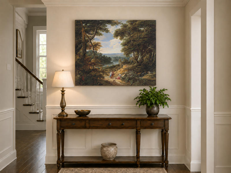 Hand-painted Classical Forest Path with Figures landscape oil painting displayed as wall art in a styled interior
