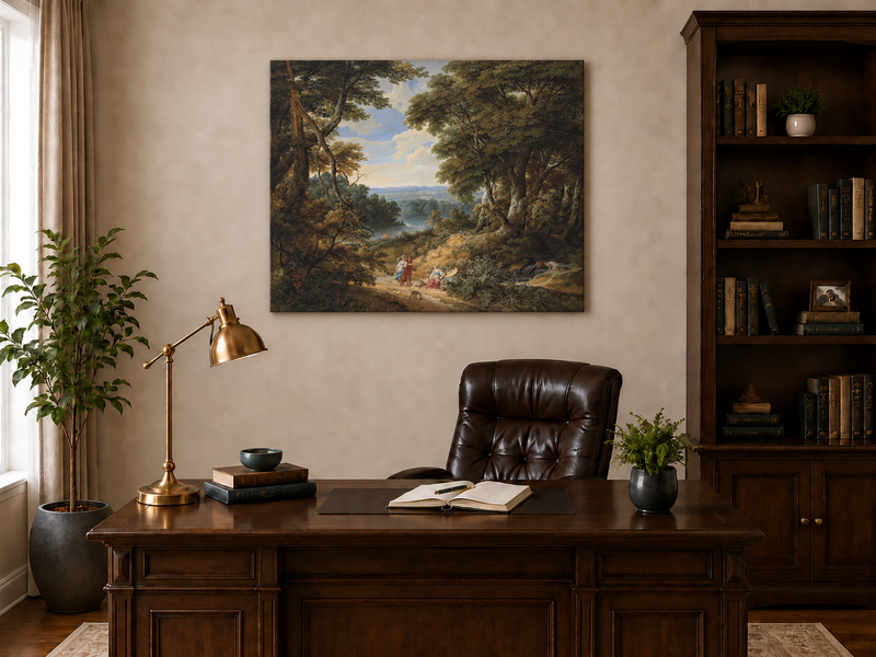 Hand-painted Classical Forest Path with Figures landscape oil painting displayed as wall art in a styled interior