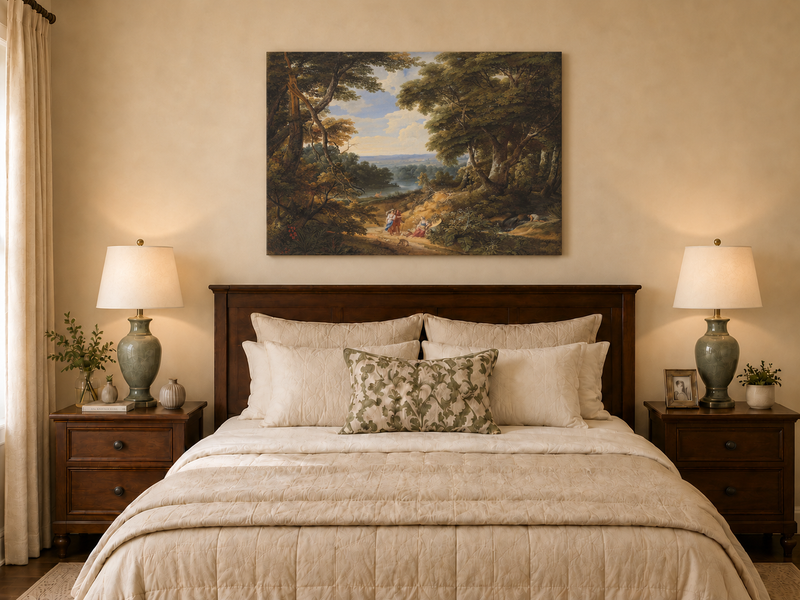 Hand-painted Classical Forest Path with Figures landscape oil painting displayed as wall art in a styled interior