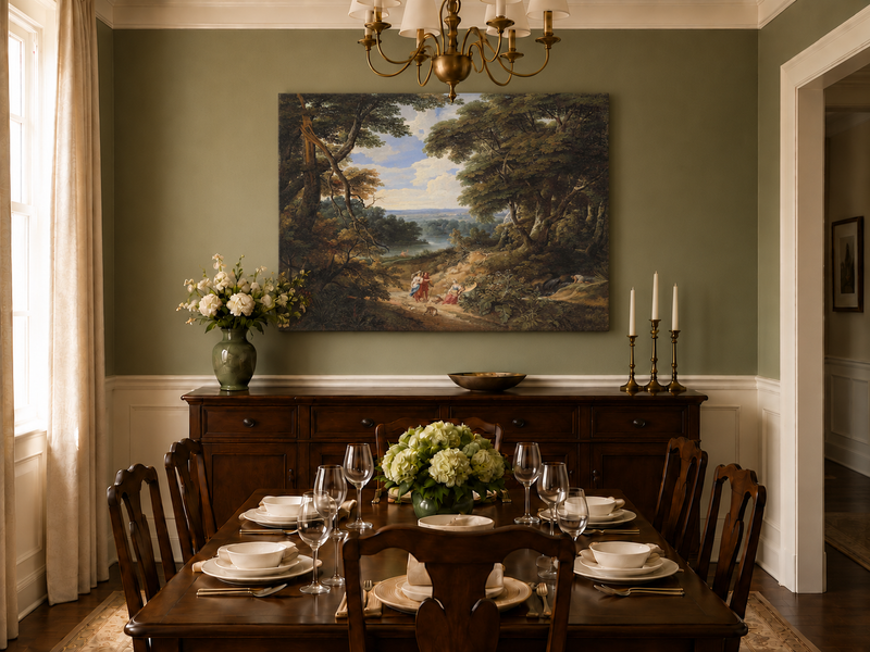 Hand-painted Classical Forest Path with Figures landscape oil painting displayed as wall art in a styled interior