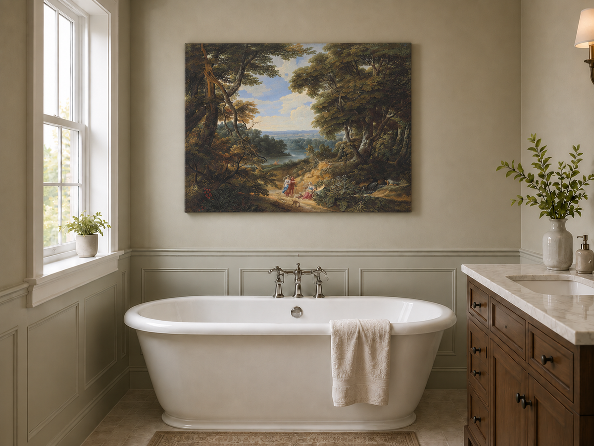 Hand-painted Classical Forest Path with Figures landscape oil painting displayed as wall art in a styled interior