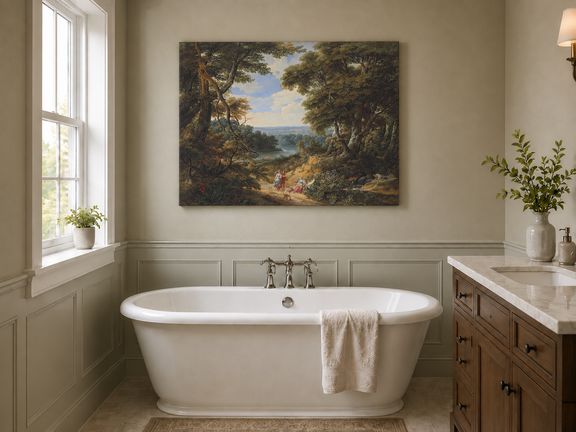 Hand-painted Classical Forest Path with Figures landscape oil painting displayed as wall art in a styled interior