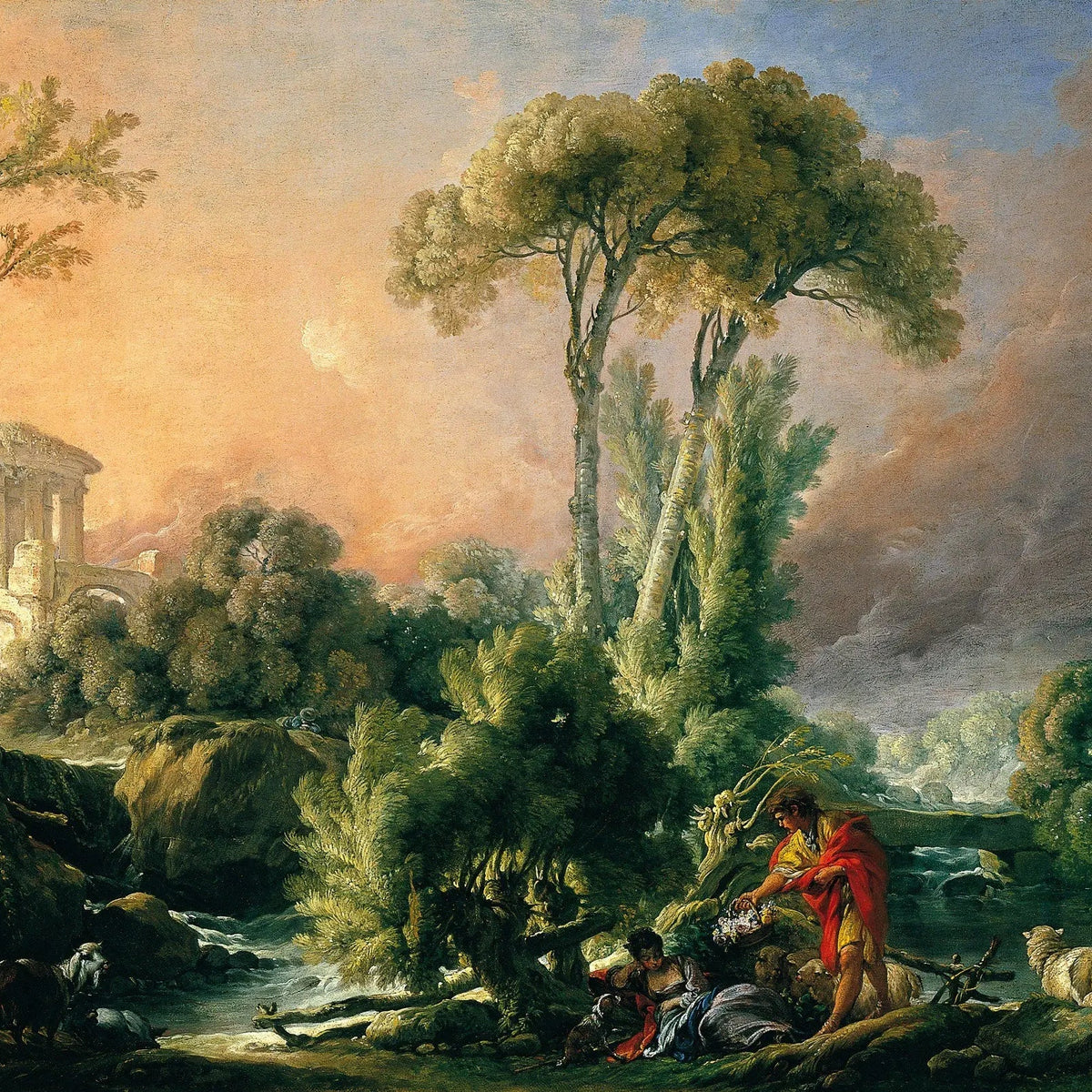 Landscape Oil Painting - Classical Forest with Figures & Ancient Ruins - Oil Painting Haven