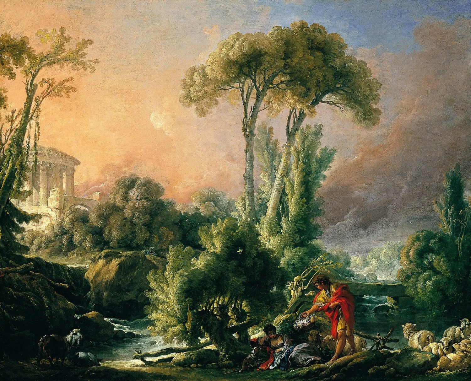 Landscape Oil Painting - Classical Forest with Figures & Ancient Ruins - Oil Painting Haven
