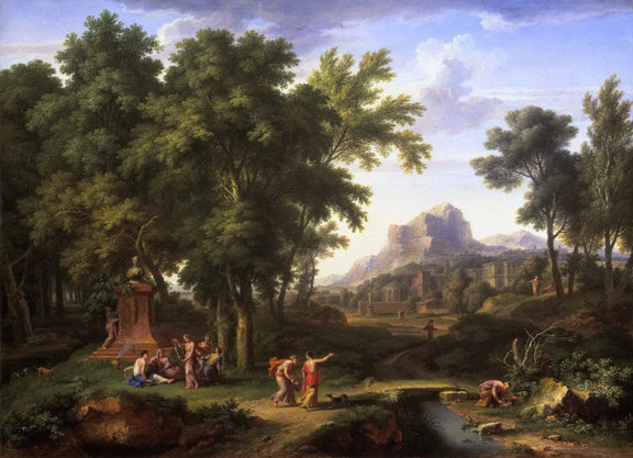 Landscape Oil Painting - Classical Forest with Figures & Distant Mountains - Oil Painting Haven