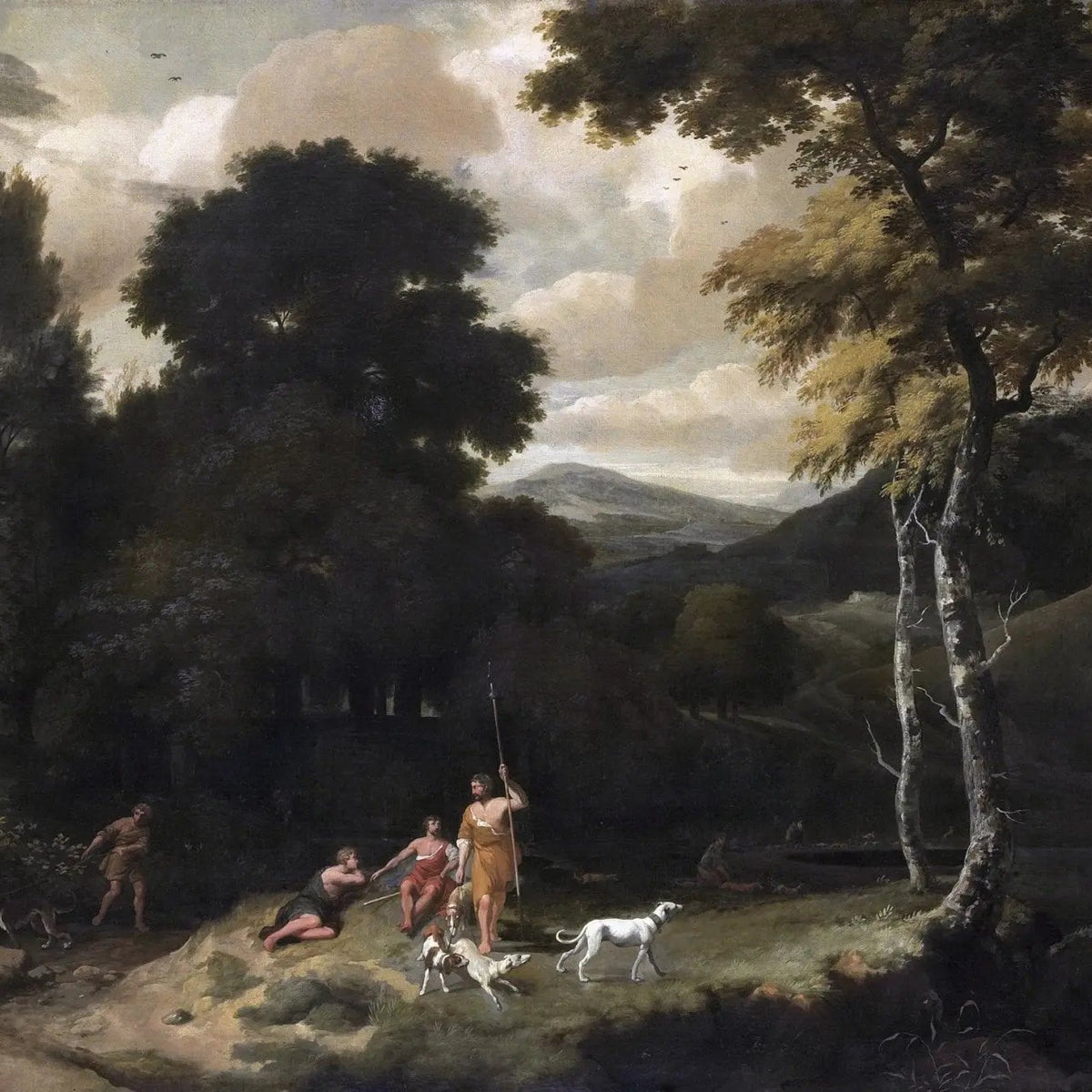 Landscape Oil Painting: Classical Forest with Figures & Dogs - Oil Painting Haven