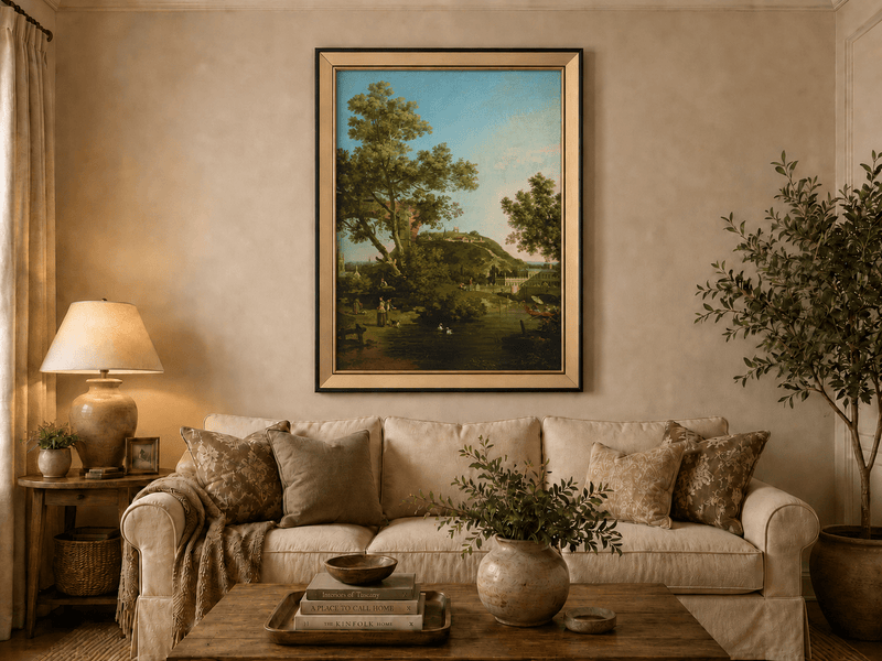 Landscape Oil Painting - Classical Garden Bridge and Hill