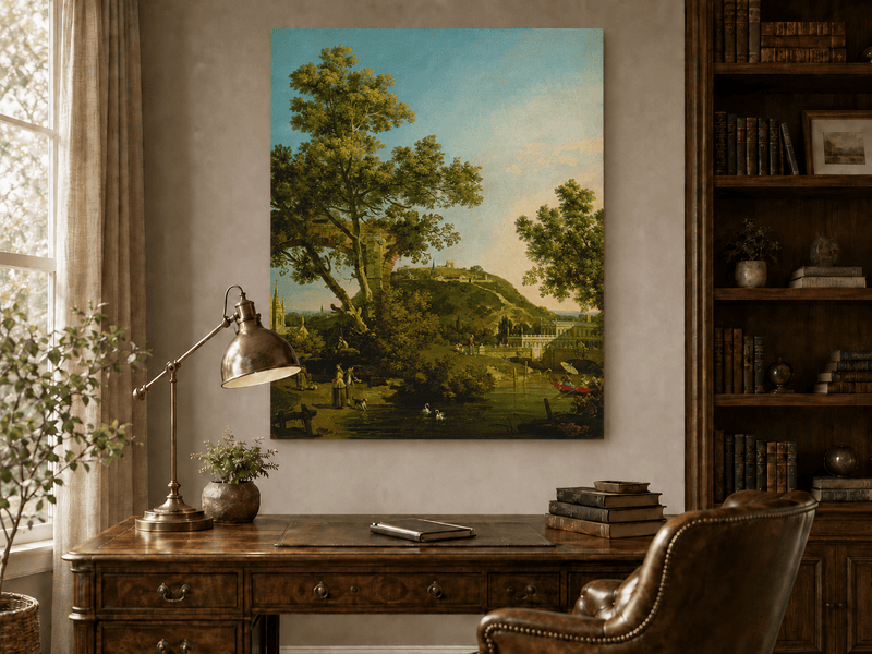 Landscape Oil Painting - Classical Garden Bridge and Hill