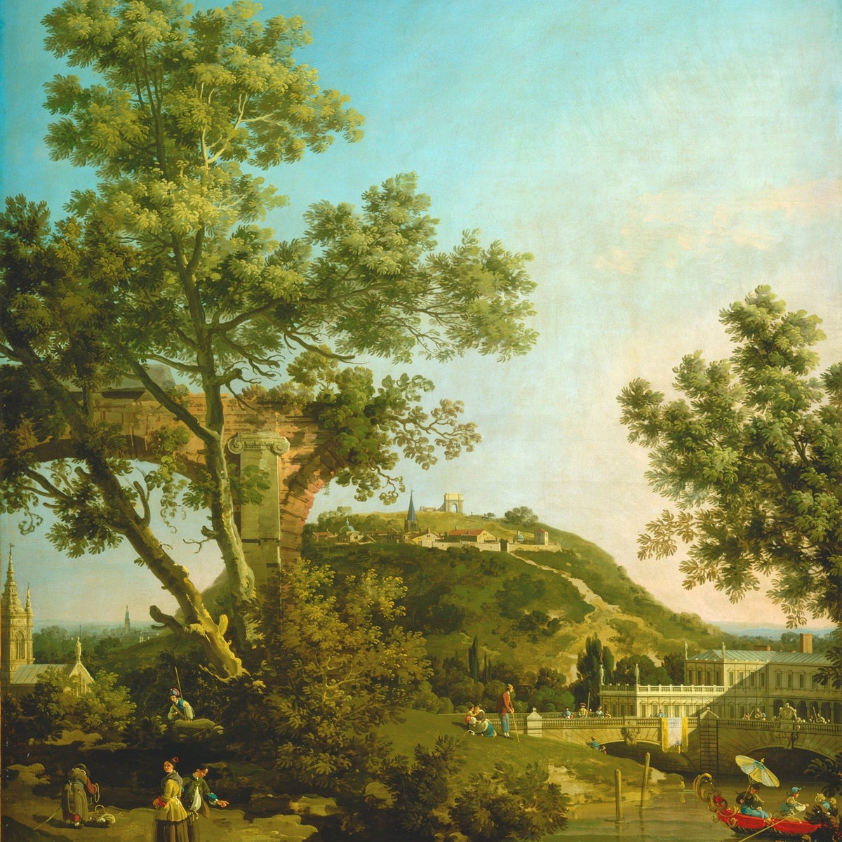 Landscape oil painting with a classical garden bridge, hand painted oil on canvas featuring textured brushwork, green trees, . - Add Frame, Architecture, Canvas, Figure, Garden, Hand Painted, Landscape, Made To Order, Mountain, Oil Painting