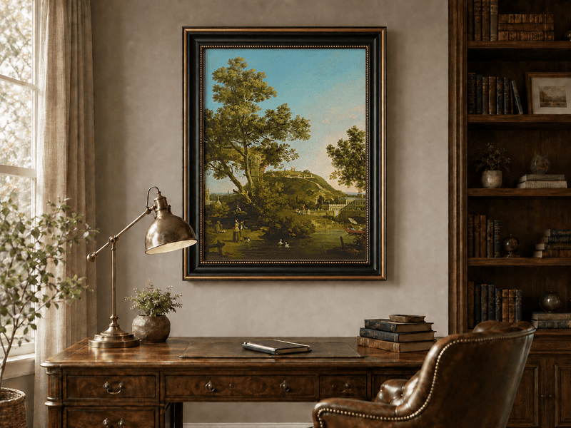 Landscape Oil Painting - Classical Garden Bridge and Hill
