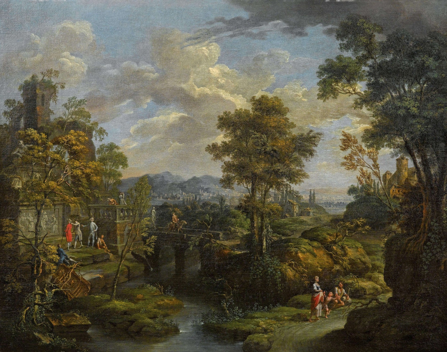 Hand-painted classical garden landscape with figures oil painting on canvas