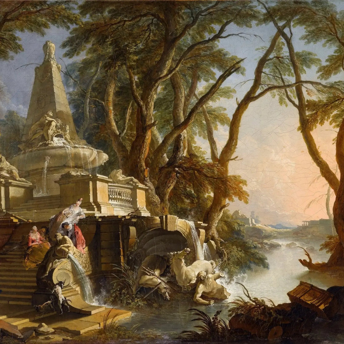 Landscape Oil Painting - Classical Garden with Fountain & River View - Oil Painting Haven