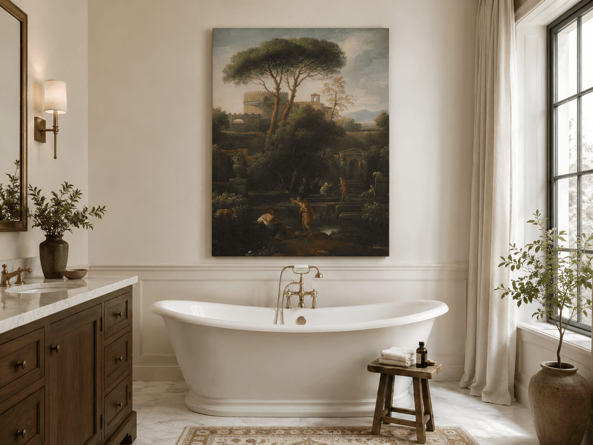 Peinture à l'huile de paysage - Rivière printanière avec pêcheur et arbres