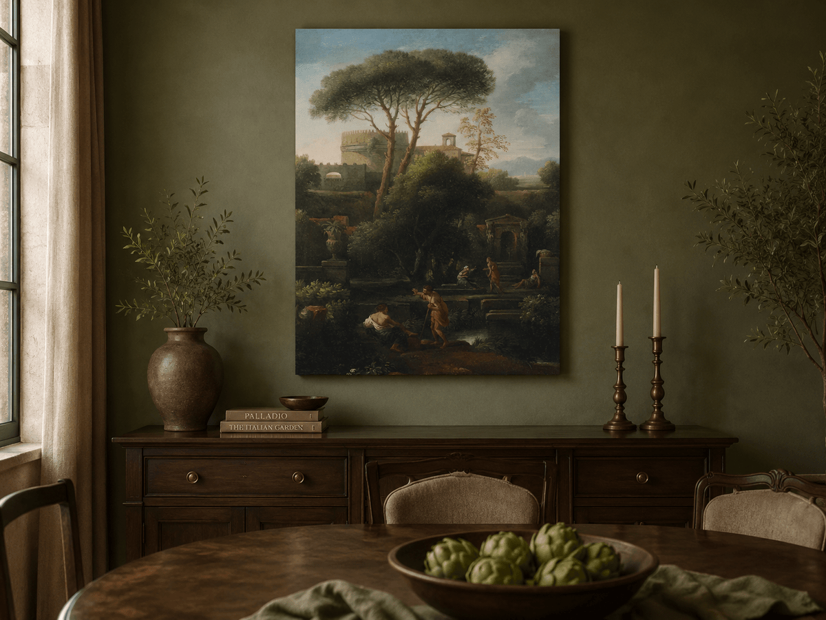 Peinture à l'huile de paysage - Rivière printanière avec pêcheur et arbres