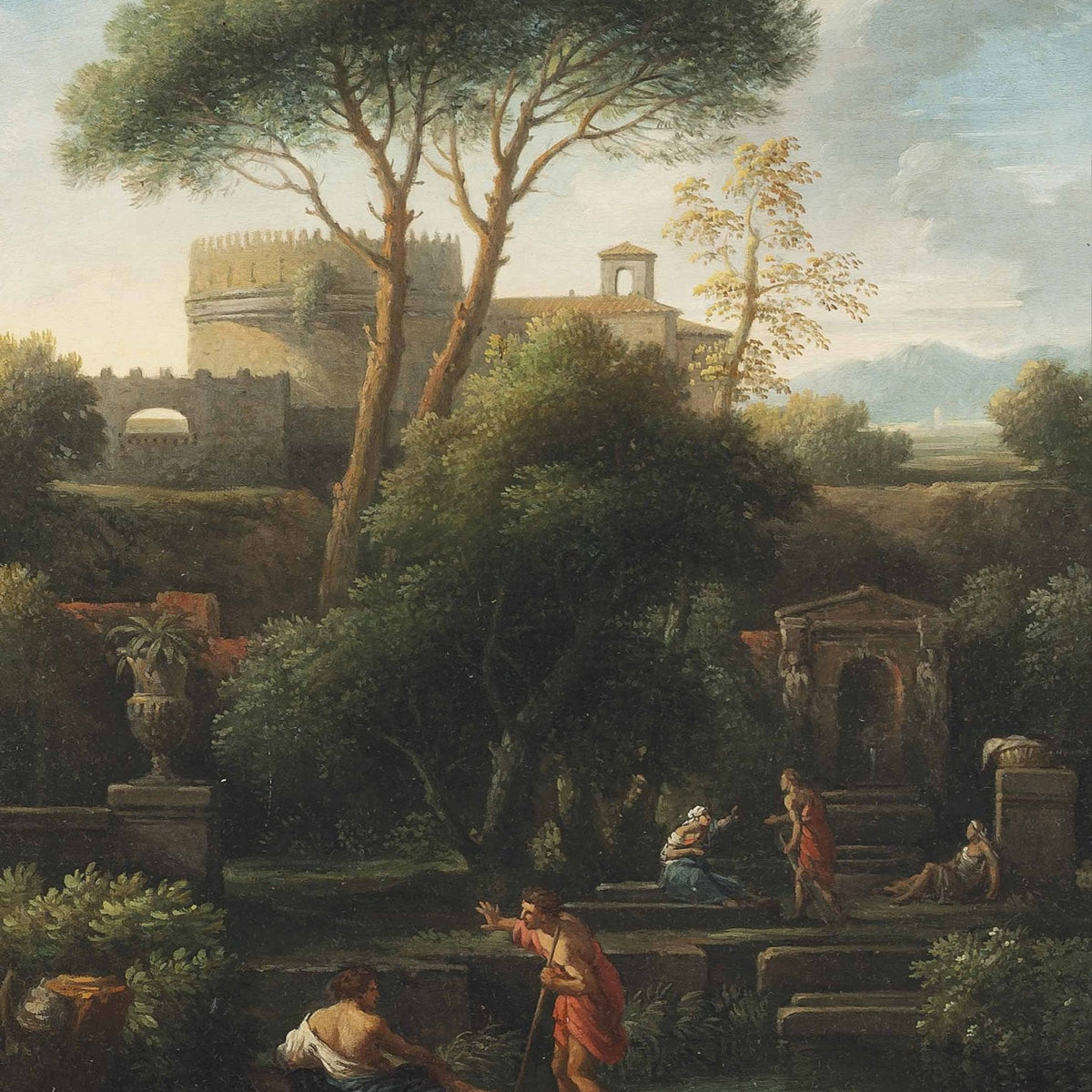 Hand-painted classical garden with pines and figures landscape oil painting on canvas