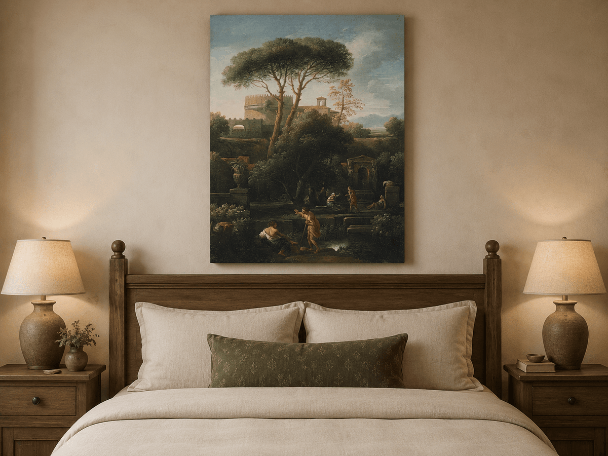 Peinture à l'huile de paysage - Rivière printanière avec pêcheur et arbres