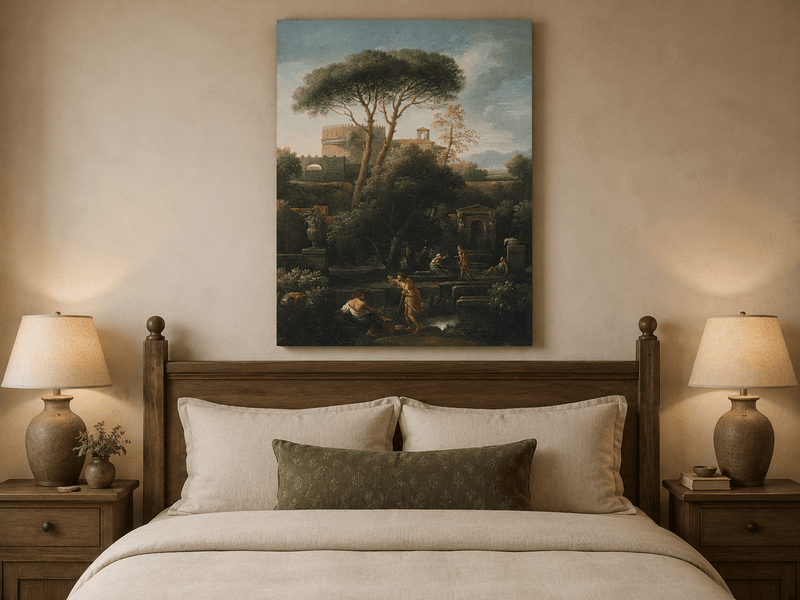 Peinture à l'huile de paysage - Rivière printanière avec pêcheur et arbres