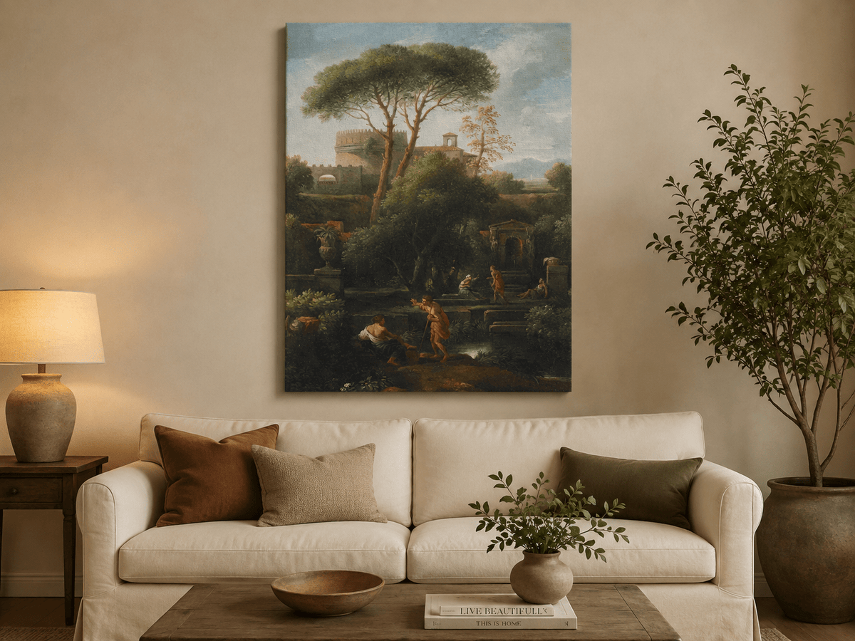 Peinture à l'huile de paysage - Rivière printanière avec pêcheur et arbres
