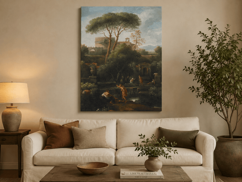 Peinture à l'huile de paysage - Rivière printanière avec pêcheur et arbres