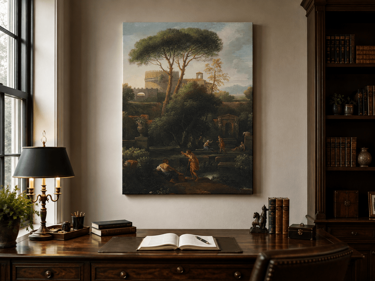 Peinture à l'huile de paysage - Rivière printanière avec pêcheur et arbres
