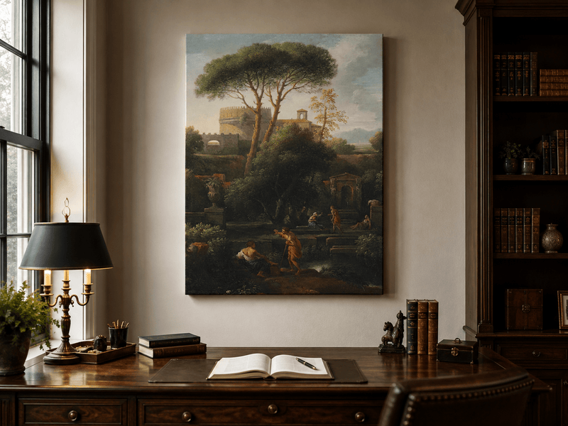 Peinture à l'huile de paysage - Rivière printanière avec pêcheur et arbres