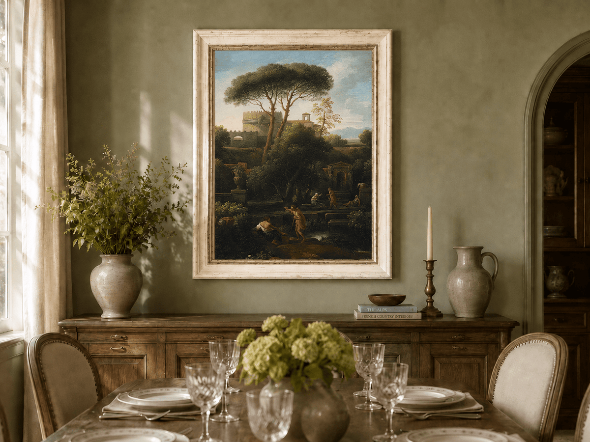 Peinture à l'huile de paysage - Rivière printanière avec pêcheur et arbres