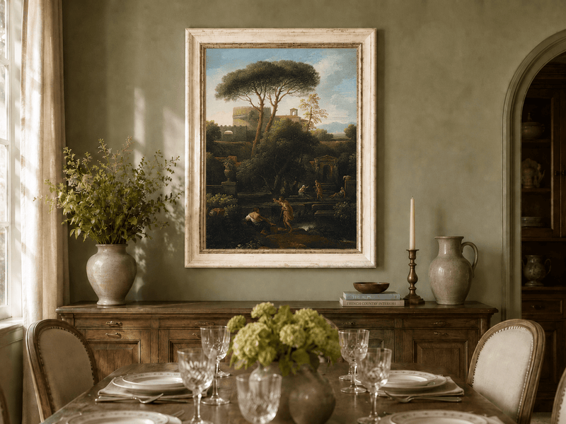 Peinture à l'huile de paysage - Rivière printanière avec pêcheur et arbres