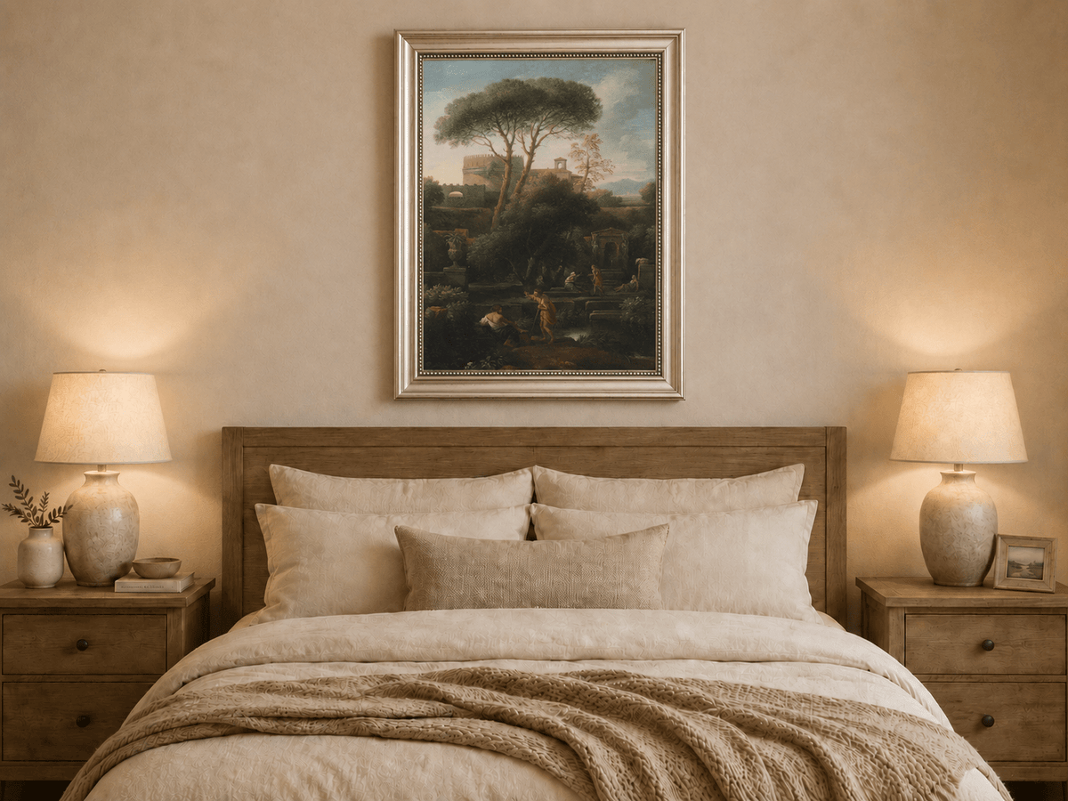 Peinture à l'huile de paysage - Rivière printanière avec pêcheur et arbres